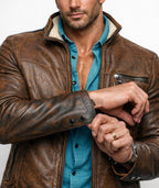 Rustborn Luxe Distressed Brown Leather Biker Jacket