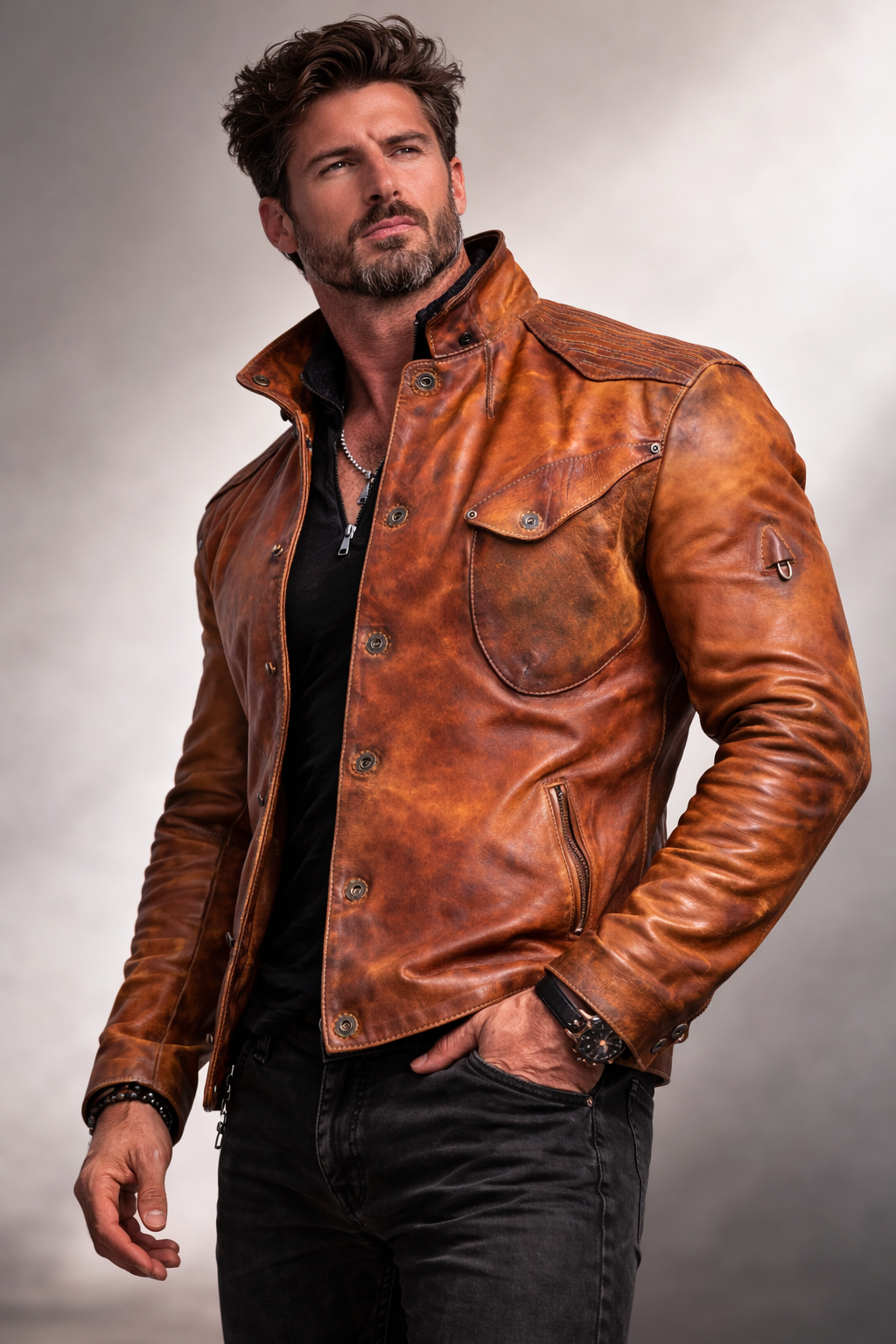 Cognac Burnished Leather Jacket – Dravenor by Daaran
