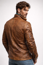 Men’s Cognac Brown Moto Leather Jacket – Distressed Sheep Leather Slim Fit | Torve by Daaran