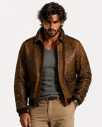 Bronze Outlaw Distressed Brown Leather Bomber Jacket