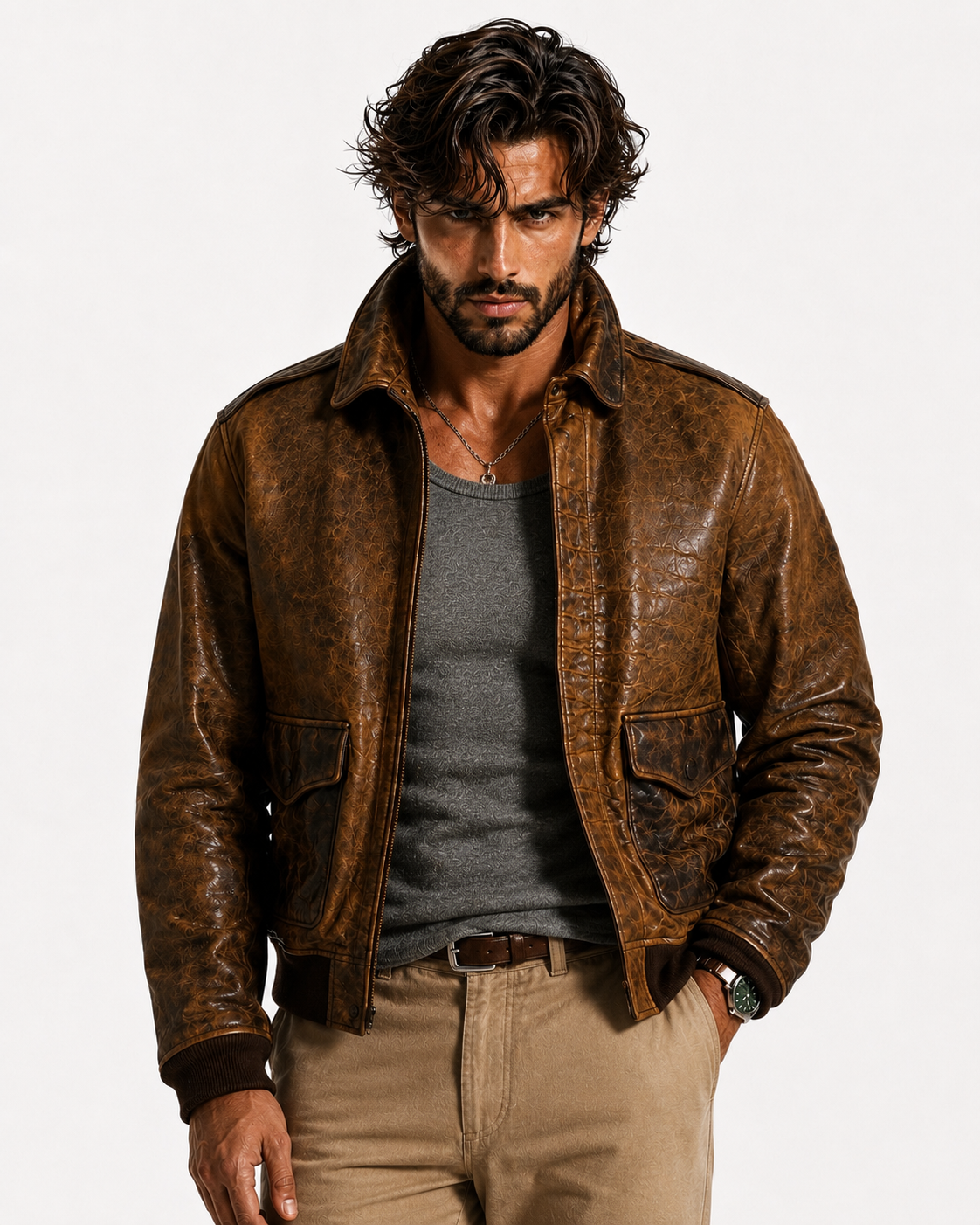 Bronze Outlaw Distressed Brown Leather Bomber Jacket