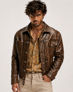 Tobacco Storm Brown Leather Trucker Jacket