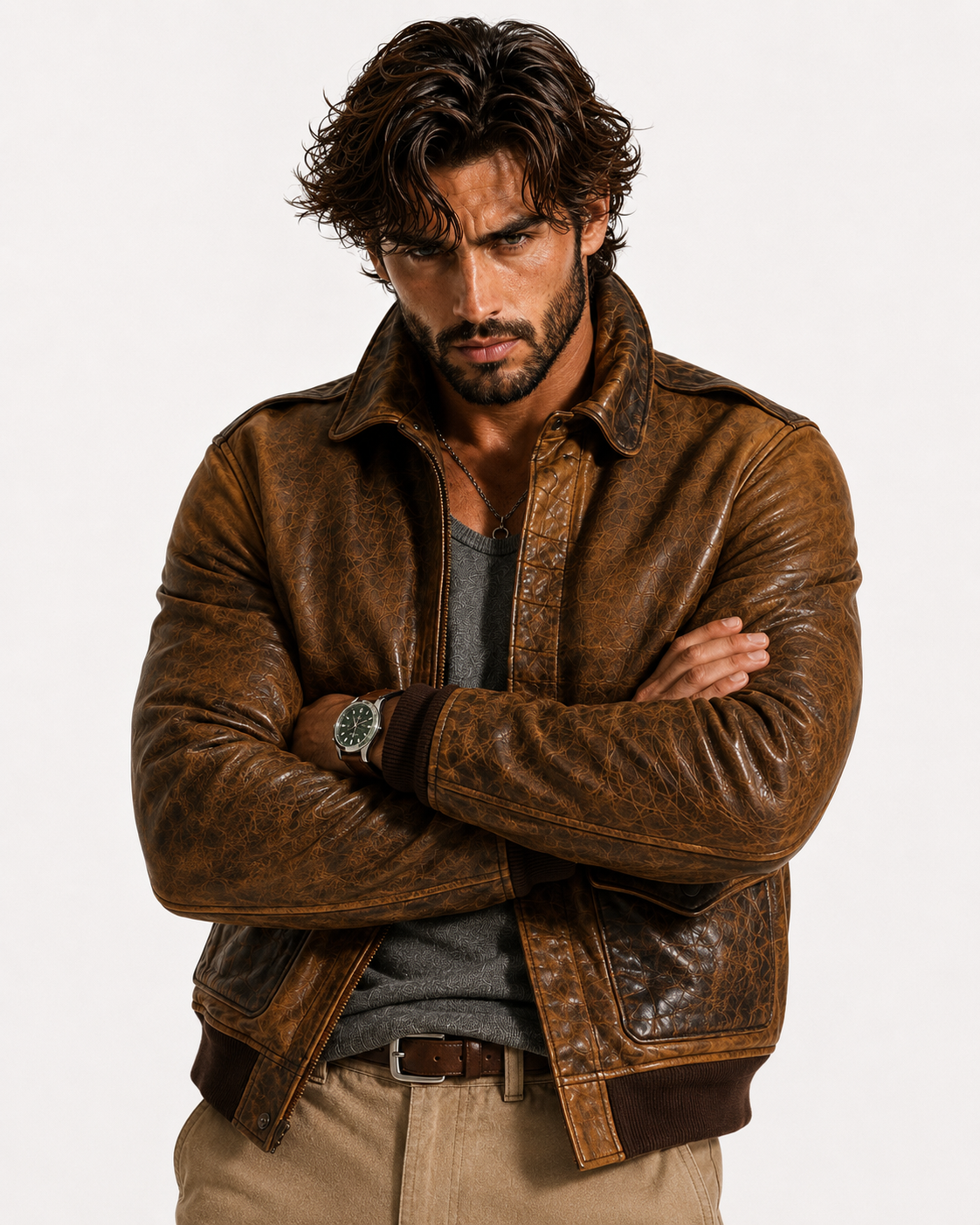 Bronze Outlaw Distressed Brown Leather Bomber Jacket