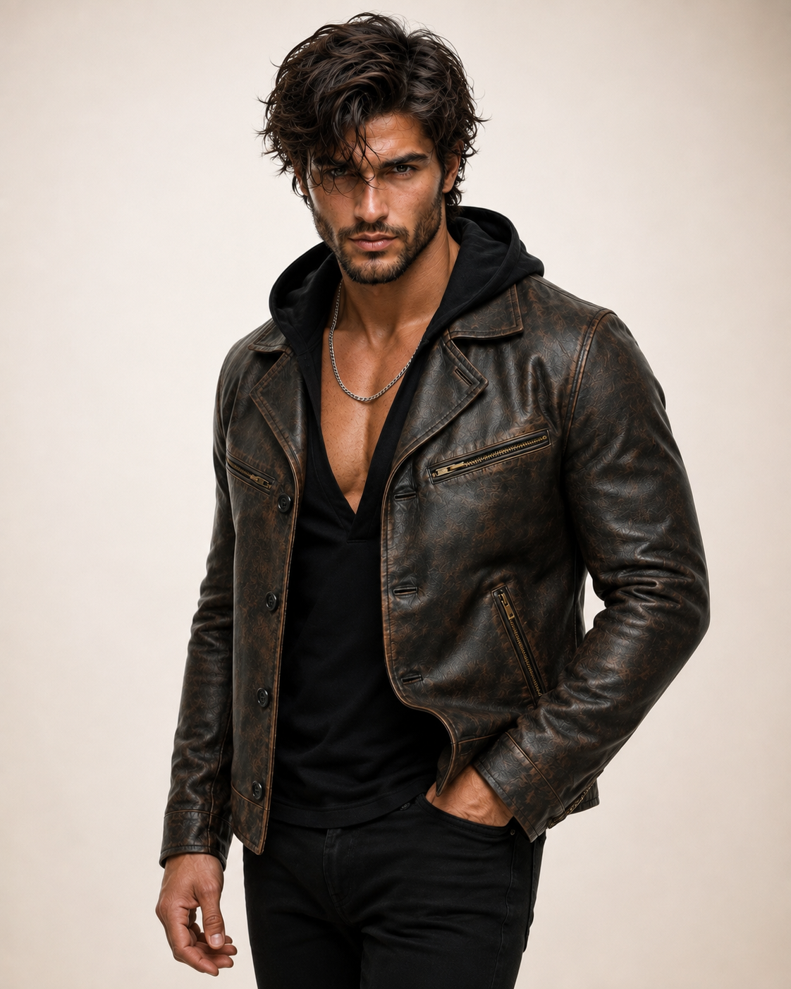 Distressed Cowhide Biker Jacket – Bronze-Black | Daaran – back view