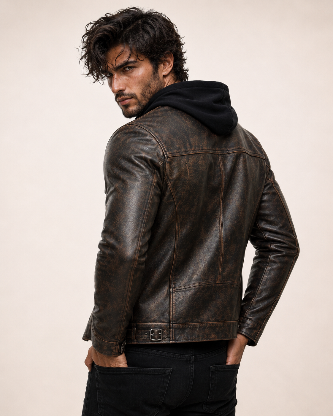 Distressed Cowhide Biker Jacket – Bronze-Black | Daaran – collar and zipper detail