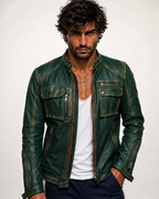 Urban Viper Distressed Green Leather Biker Jacket