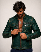 Urban Viper Distressed Green Leather Biker Jacket
