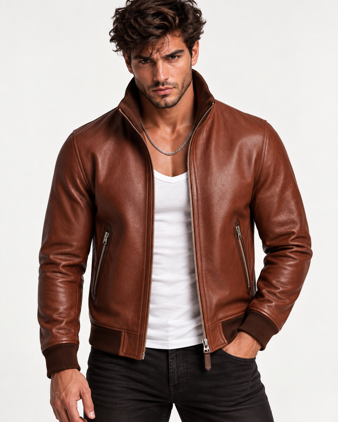 Crest Cognac Brown Leather Bomber Jacket