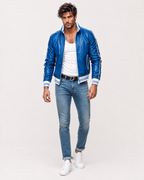 Veloce Royale Royal Blue Leather Bomber Jacket | Daaran – three-quarter view