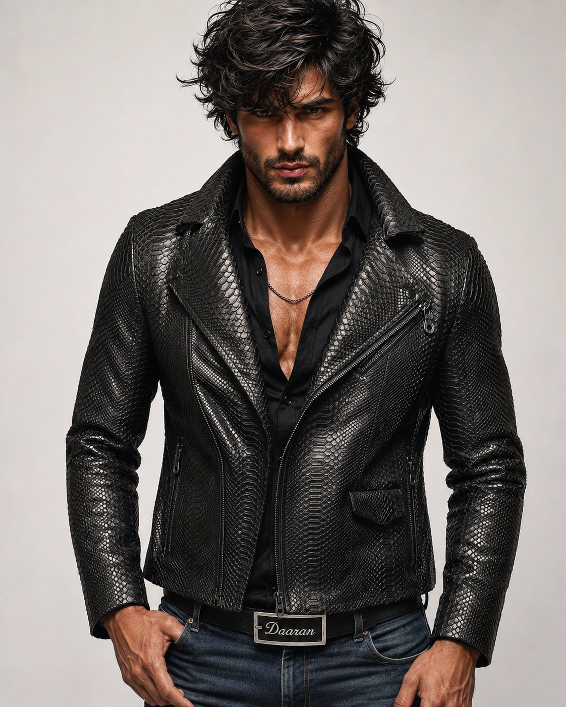 Noir Venom Black Leather Biker Jacket | Daaran – front view