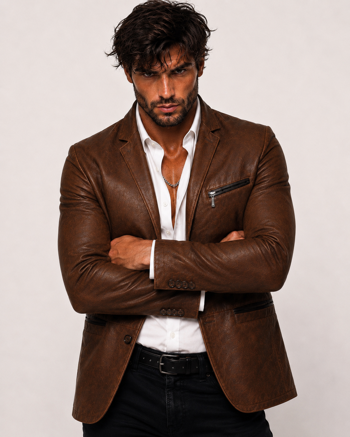 Cognac Brown Suede Leather Blazer – VEYNOR | Daaran – close-up of leather texture and stitching