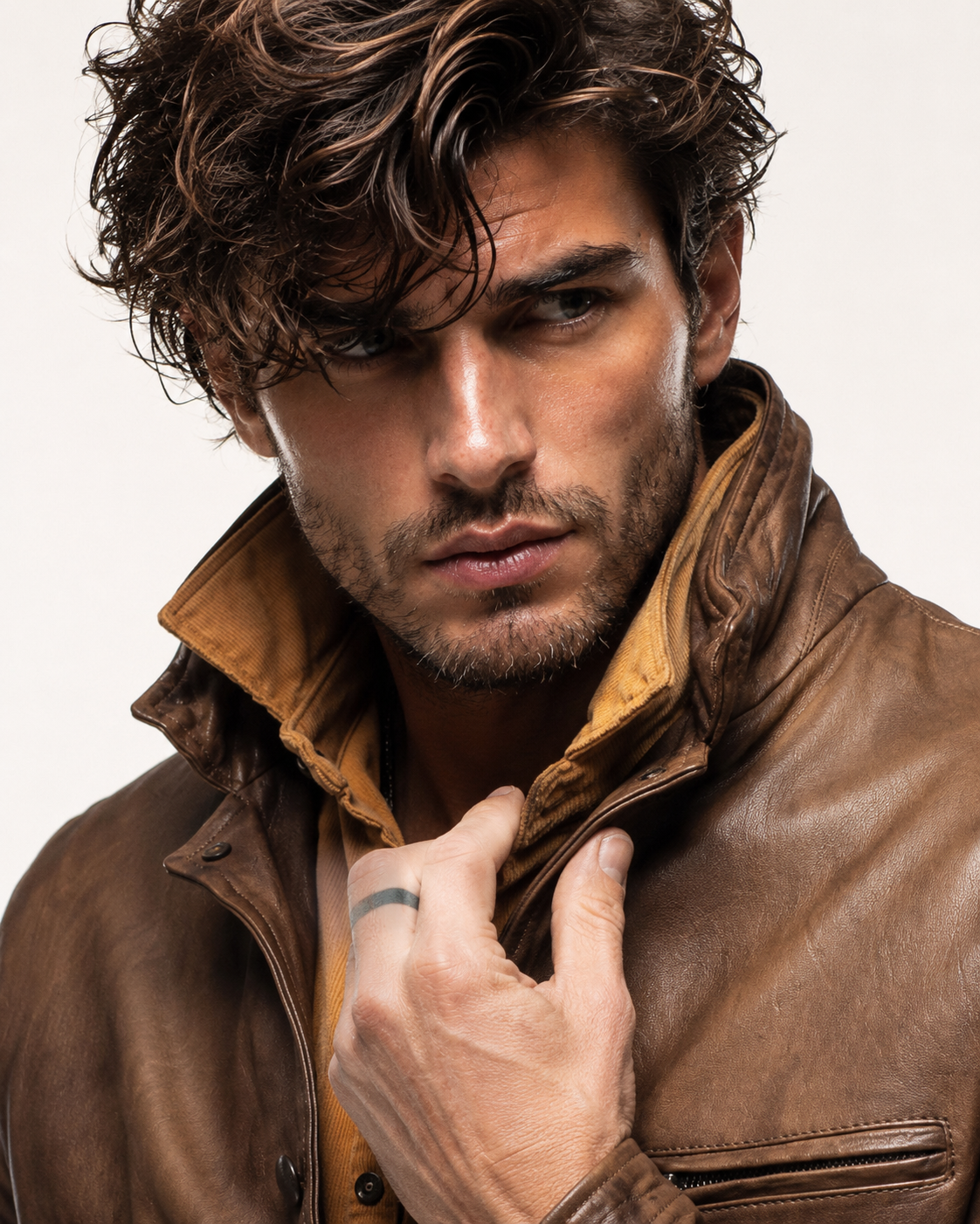 Men's Brown Sheep Leather Blazer: Vintage Slim Fit Jacket | Daaran – close-up of leather texture and stitching