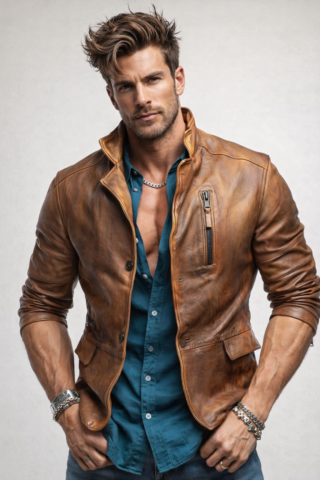 Men’s Cognac Brown Moto Leather Jacket – Distressed Sheep Leather Slim Fit | Torve by Daaran