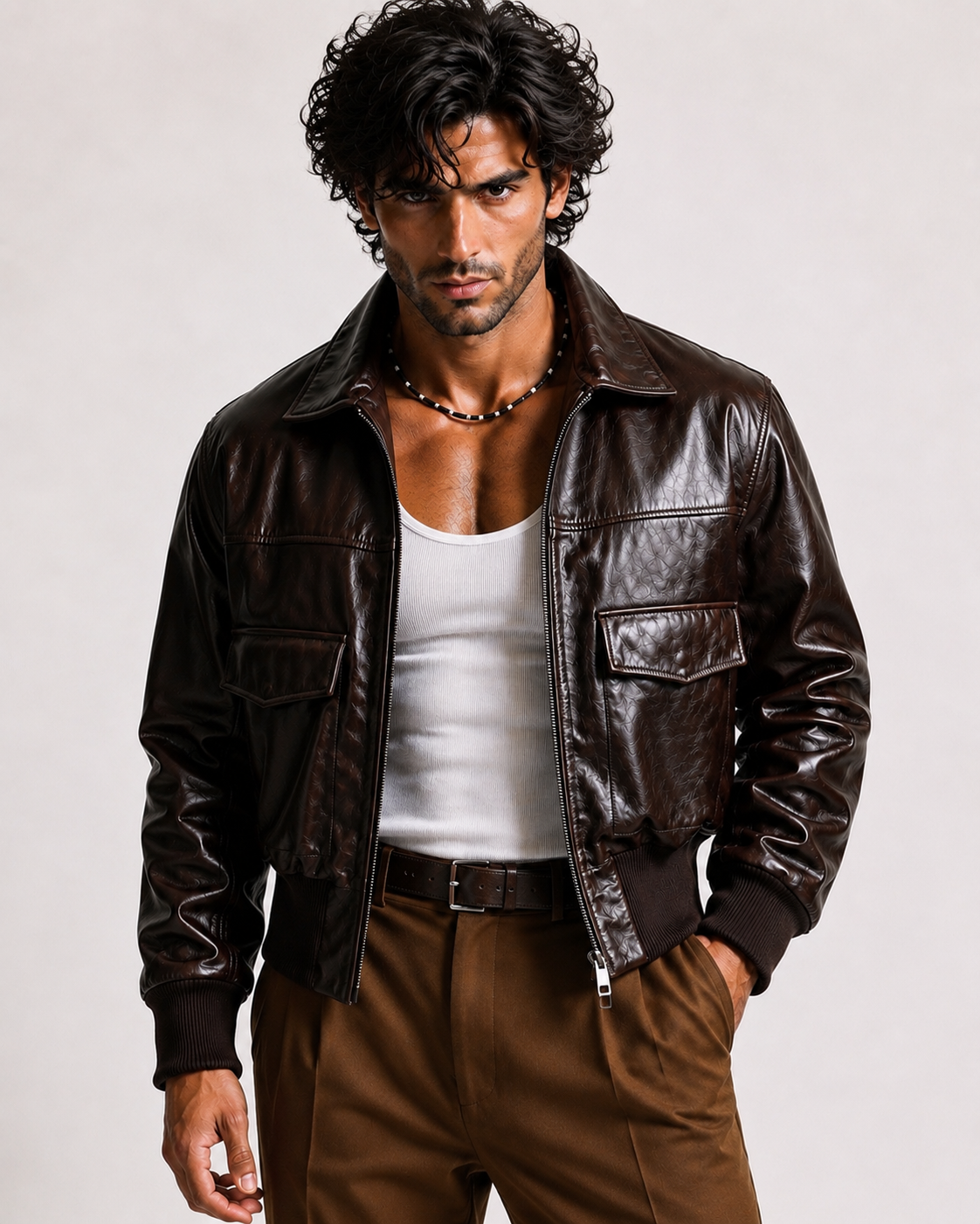 Cafe Maverick Brown Leather Bomber Jacket | Daaran – front view
