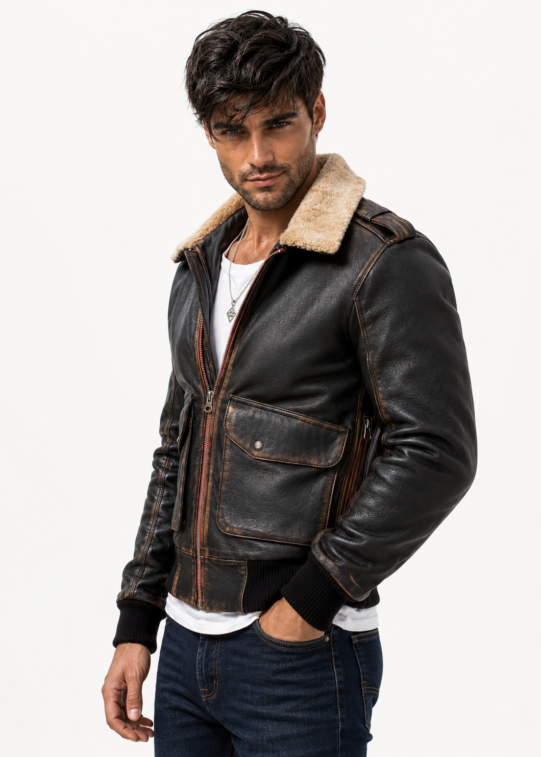 Distressed Brown Shearling Aviator Bomber Jacket