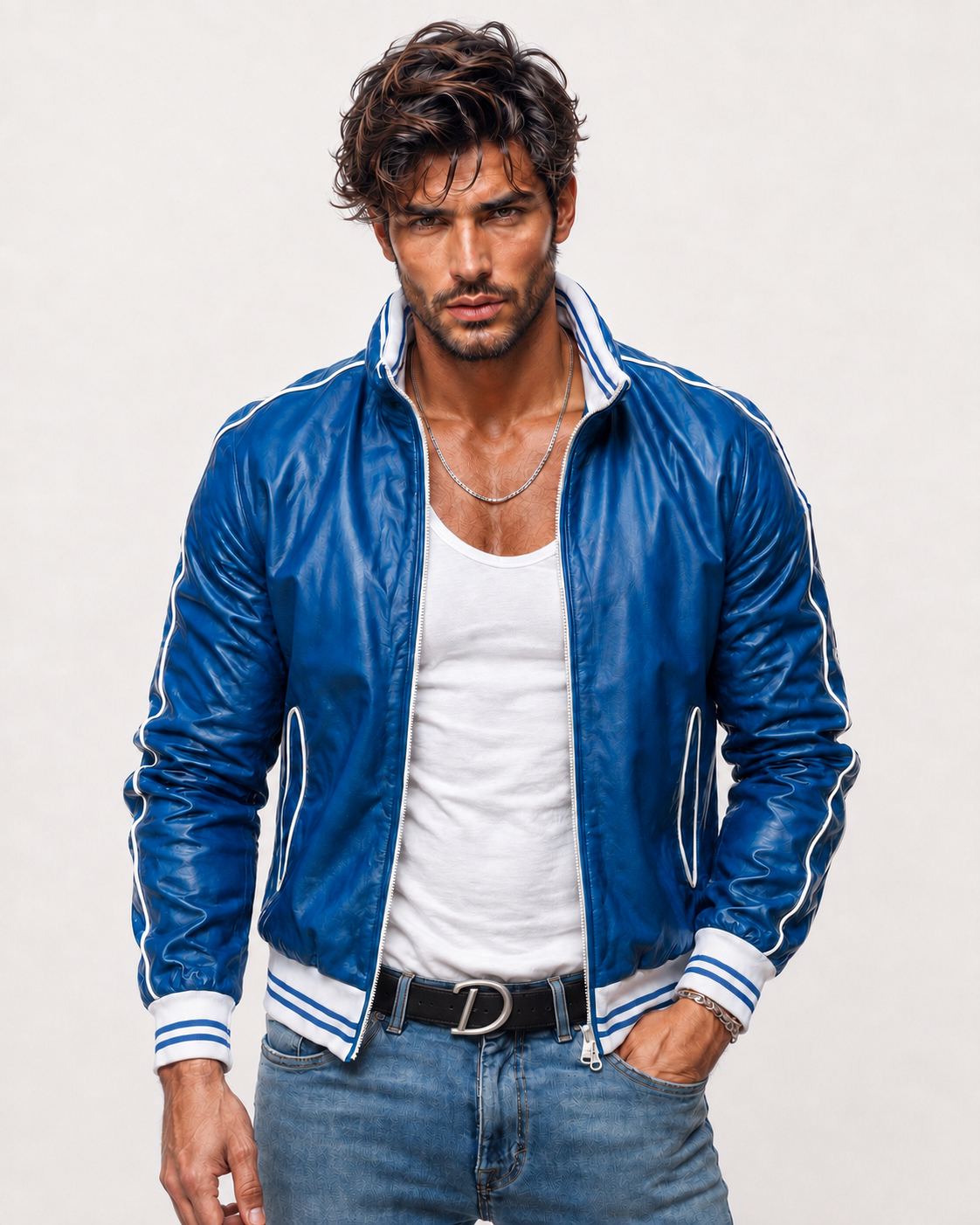 Veloce Royale Royal Blue Leather Bomber Jacket | Daaran – front view