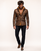 Men's Brown Sheep Leather Blazer: Vintage Slim Fit Jacket | Daaran – three-quarter view