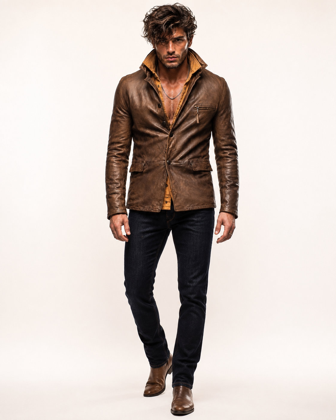 Men's Brown Sheep Leather Blazer: Vintage Slim Fit Jacket | Daaran – three-quarter view