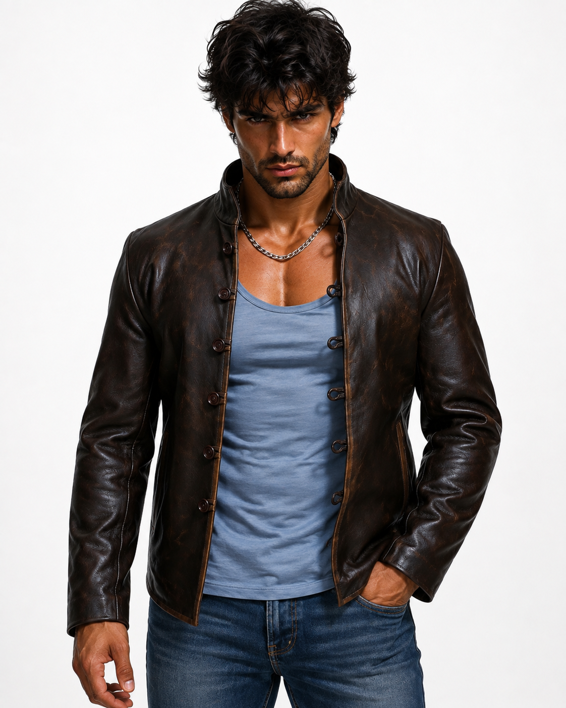 Men's Distressed Brown Mandarin Collar Leather Jacket | Daaran – front view