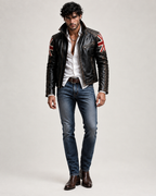 Union Jack Black Leather Café Racer Jacket | Daaran – flat lay view
