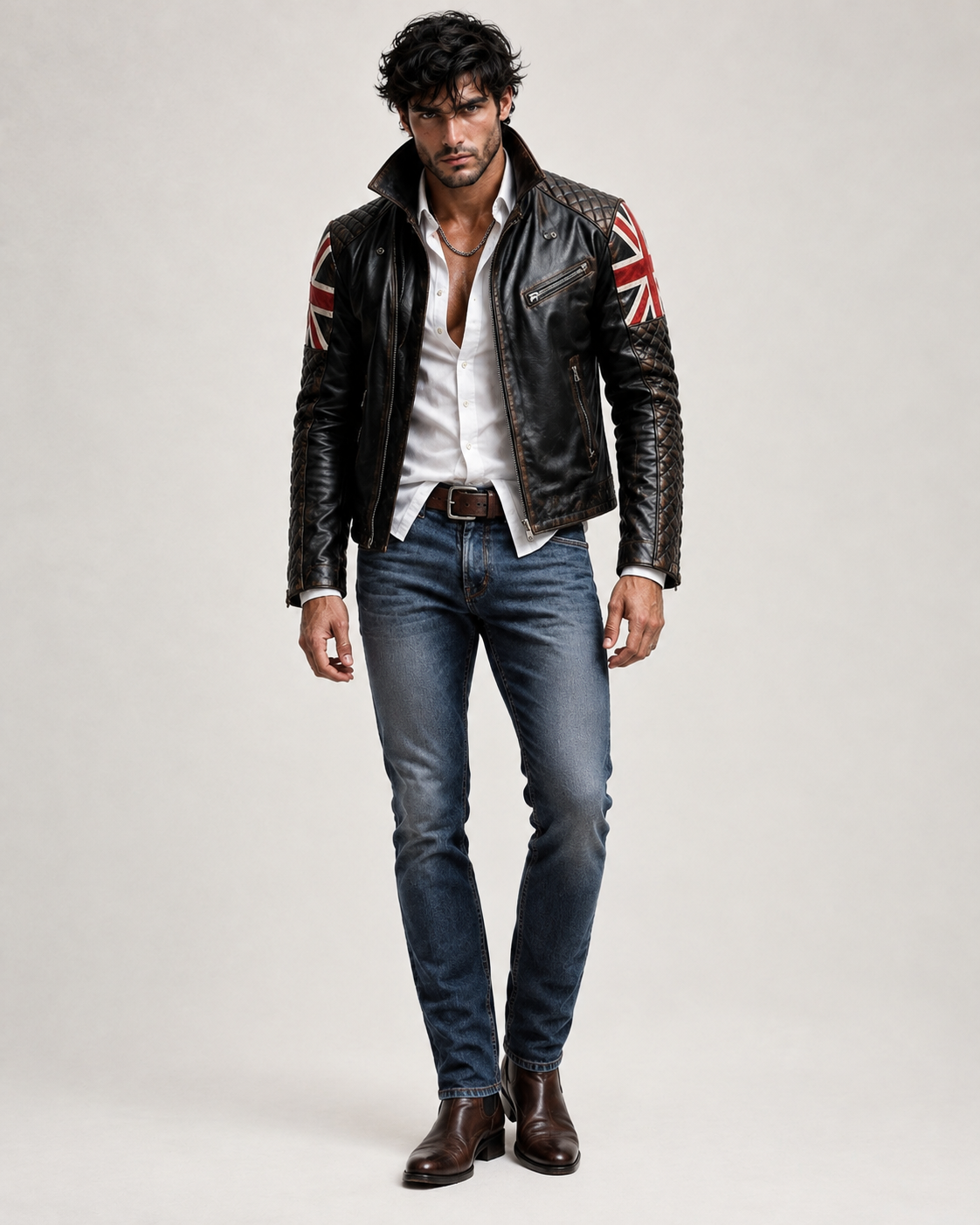 Union Jack Black Leather Café Racer Jacket | Daaran – flat lay view