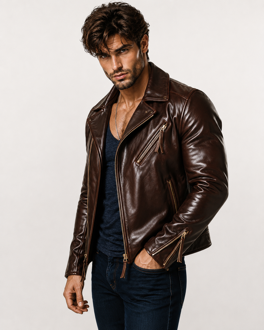 Men's Sheep Leather Biker Jacket: Slim Fit Motorcycle Style | Daaran – side profile view
