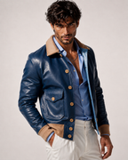 Azure Falcon Royal Blue Leather Bomber Jacket