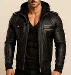 Urban Viper Hooded Black Leather Bomber Jacket