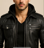 Urban Viper Hooded Black Leather Bomber Jacket