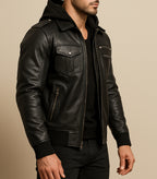 Urban Viper Hooded Black Leather Bomber Jacket