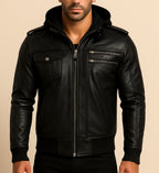 Urban Viper Hooded Black Leather Bomber Jacket