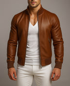 Crest Cognac Brown Leather Bomber Jacket