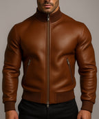 Crest Cognac Brown Leather Bomber Jacket