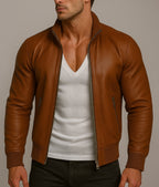 Crest Cognac Brown Leather Bomber Jacket