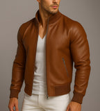 Crest Cognac Brown Leather Bomber Jacket