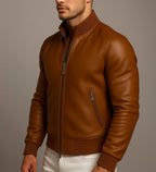 Crest Cognac Brown Leather Bomber Jacket