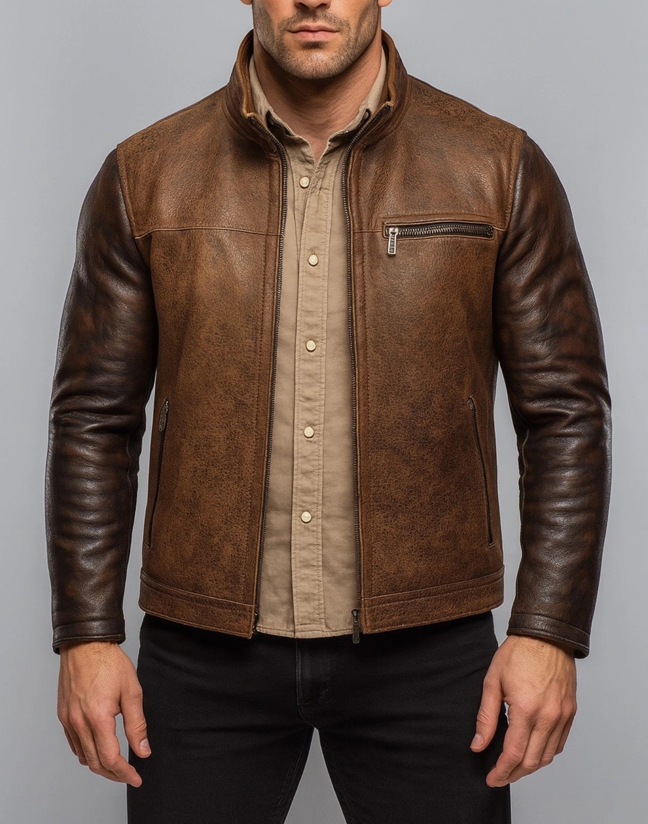 Rustborn Luxe Distressed Brown Leather Biker Jacket