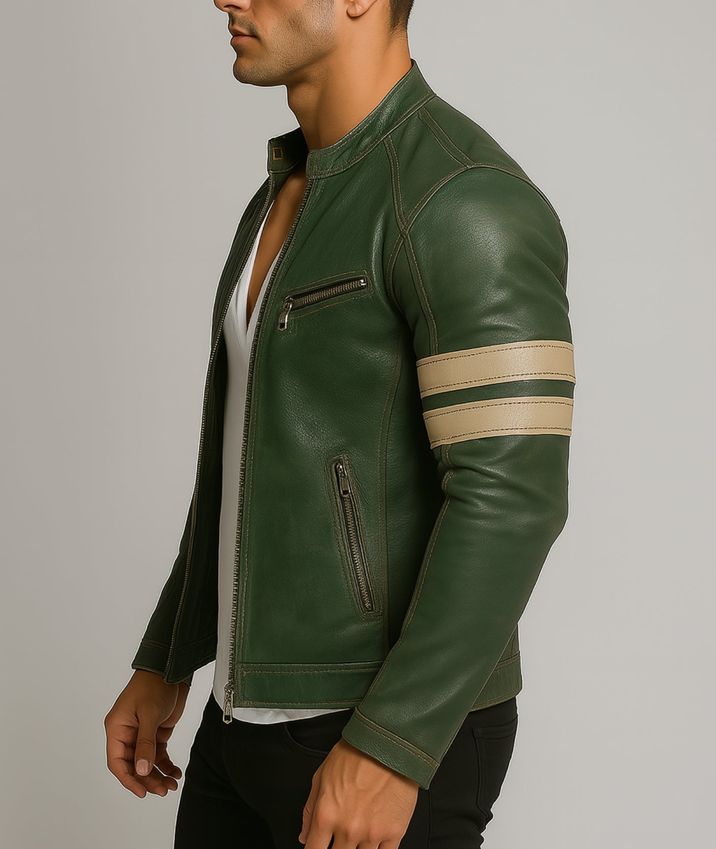 Falcon Verde Green Leather Café Racer Jacket