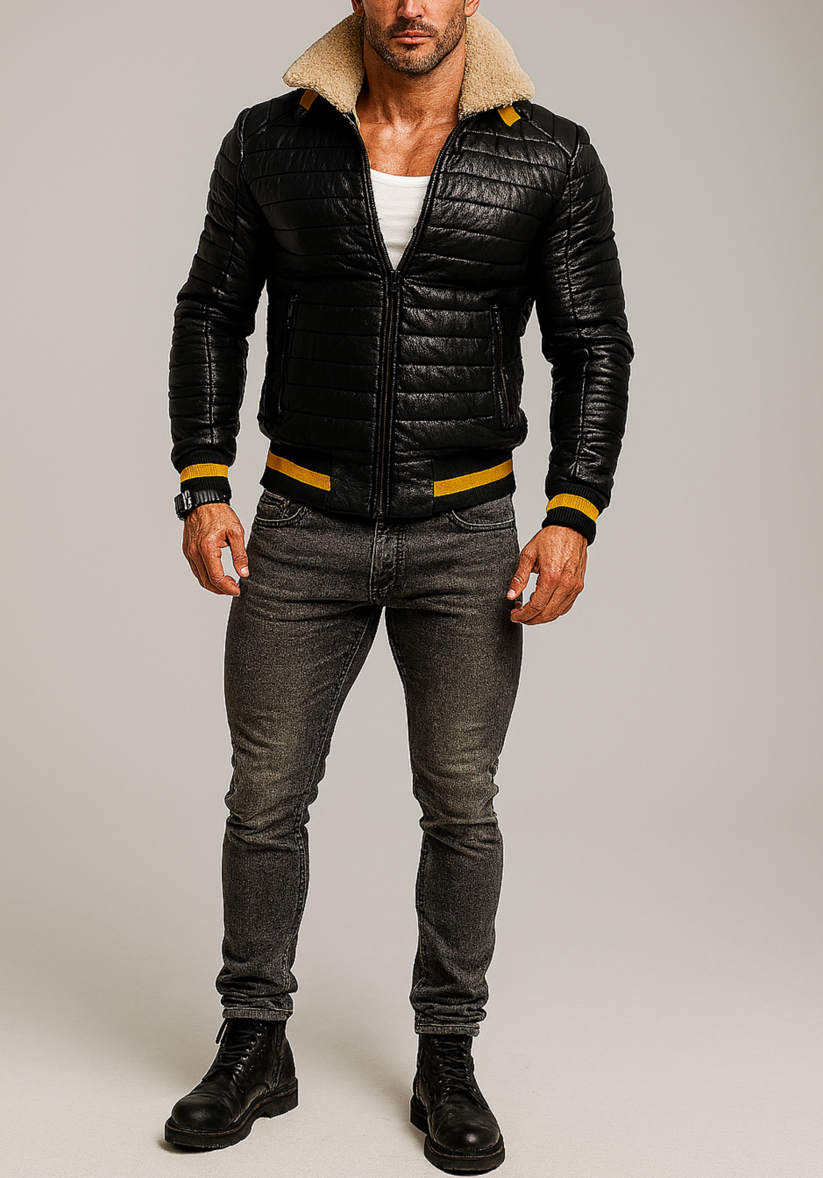 StormFlight Black Leather Bomber Jacket