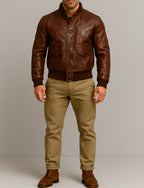 Copperline Distressed Brown Leather Bomber Jacket
