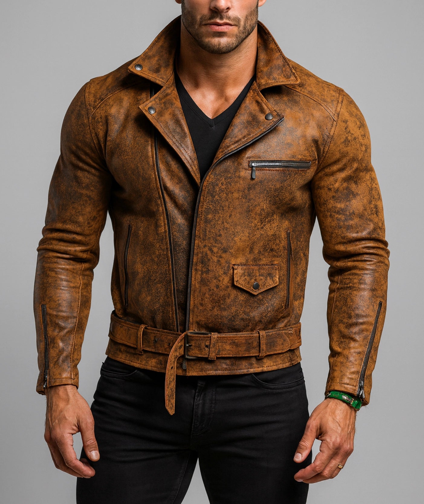 Rustborne Rider Distressed brown Leather Biker Jacket