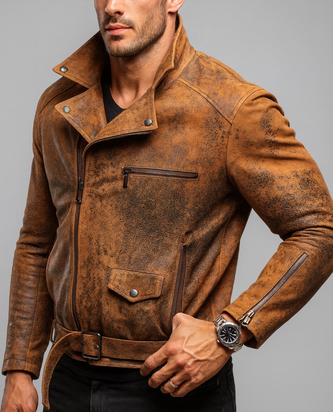 Rustborne Rider Distressed brown Leather Biker Jacket