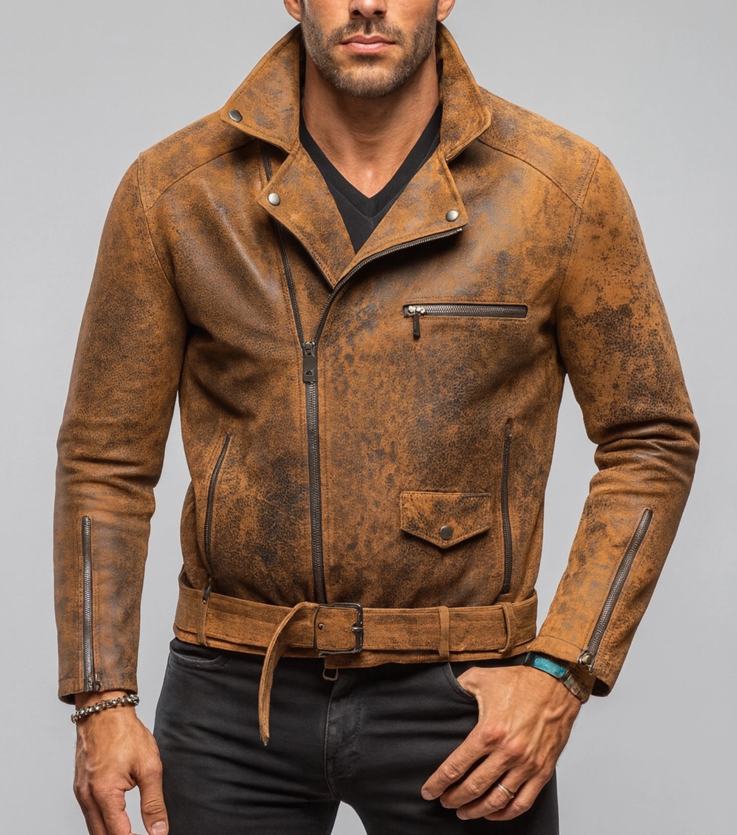 Rustborne Rider Distressed brown Leather Biker Jacket