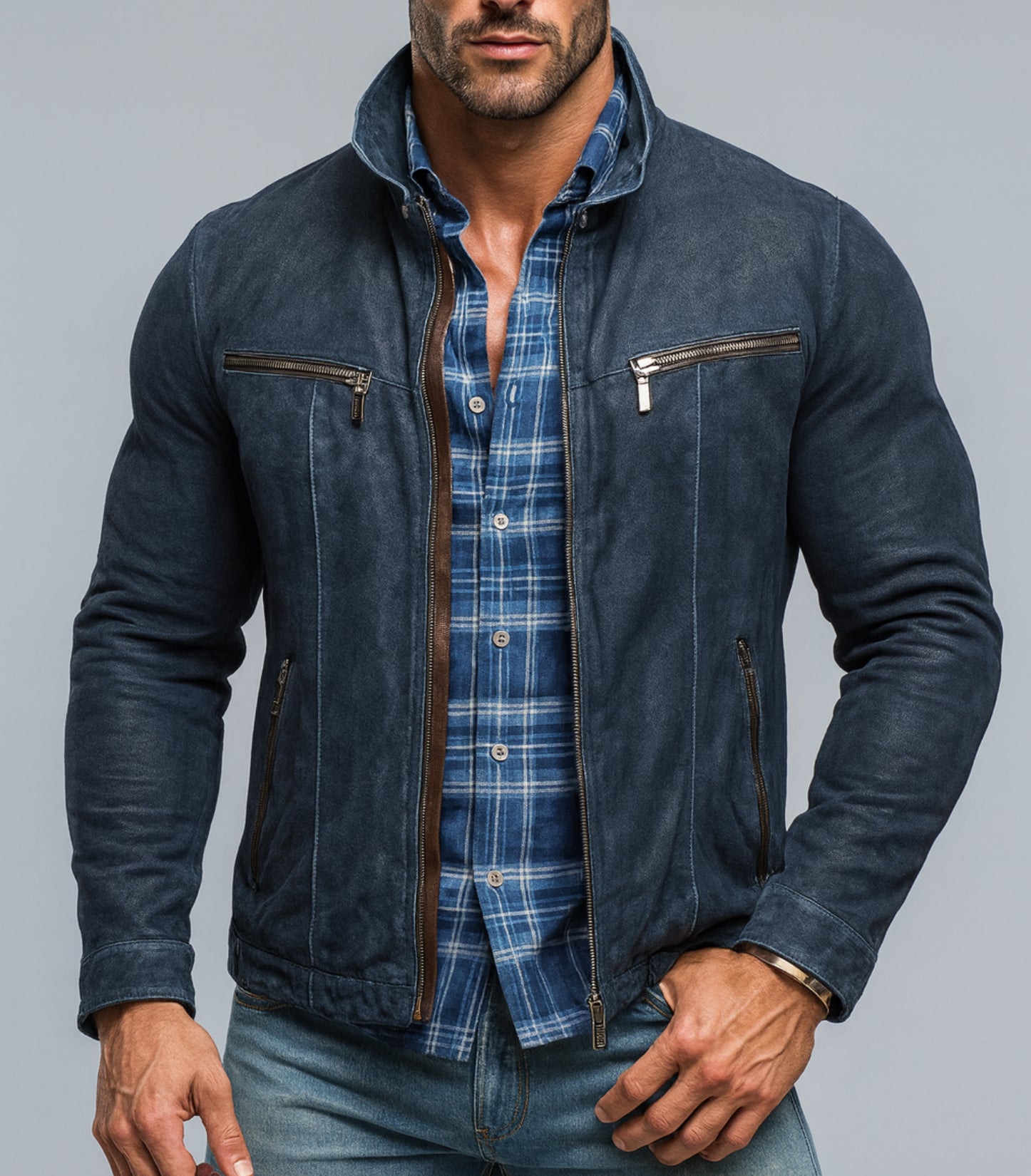 Midnight Voyager Navy Blue Leather Moto Jacket