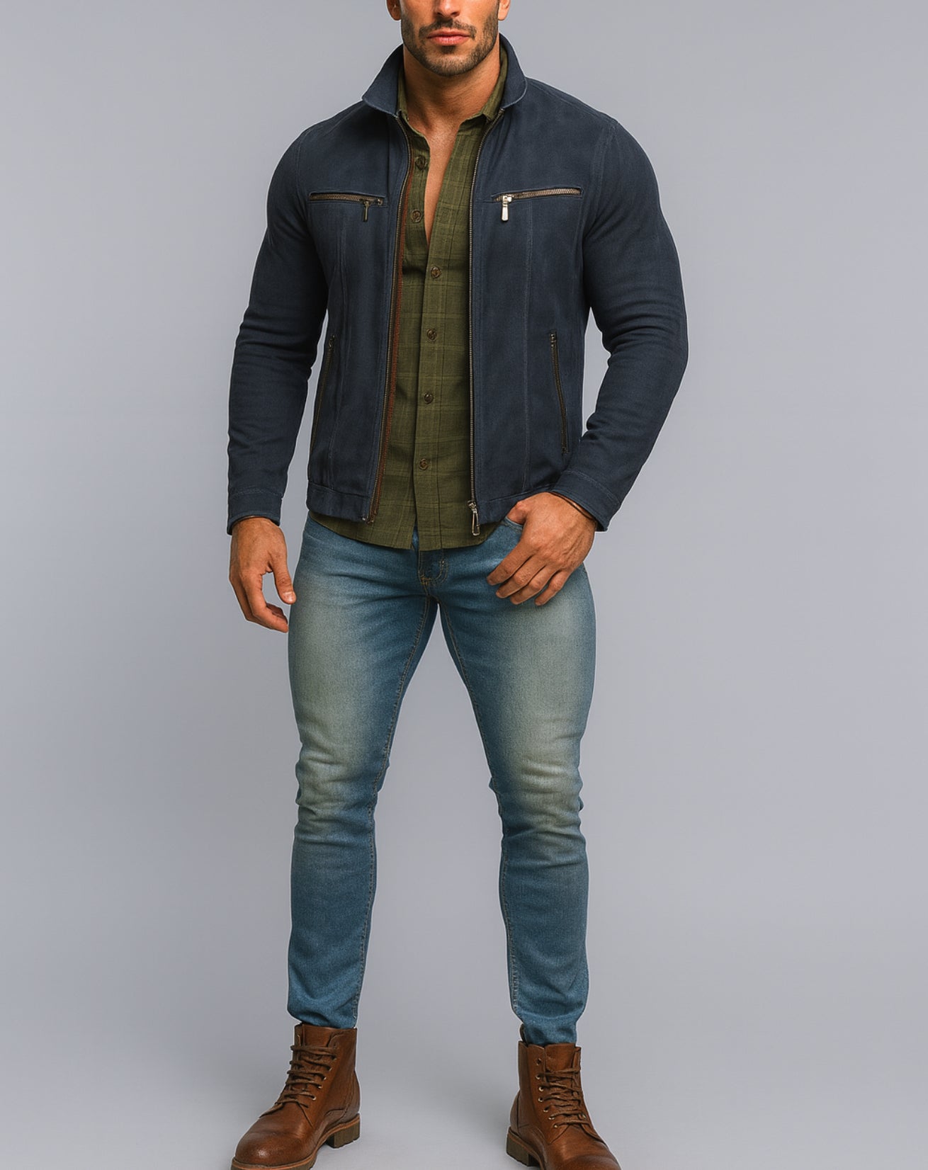 Midnight Voyager Navy Blue Leather Moto Jacket