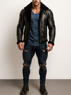 Nightfort Luxe Black Leather shearling aviator jacket