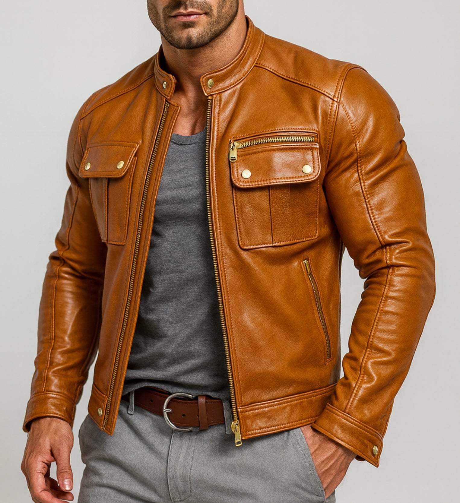 Vanguard Camel Leather Moto Jacket