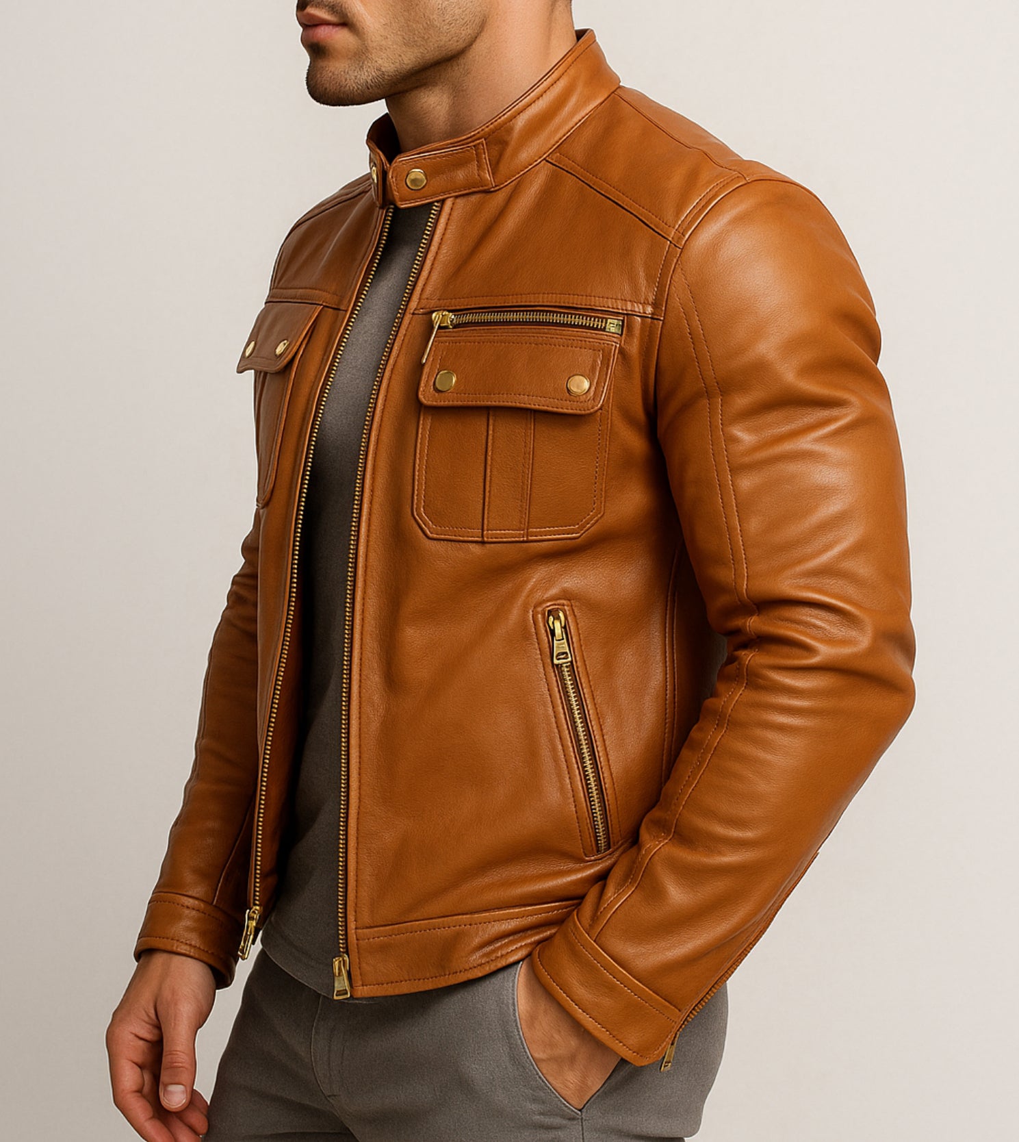 Vanguard Camel Leather Moto Jacket