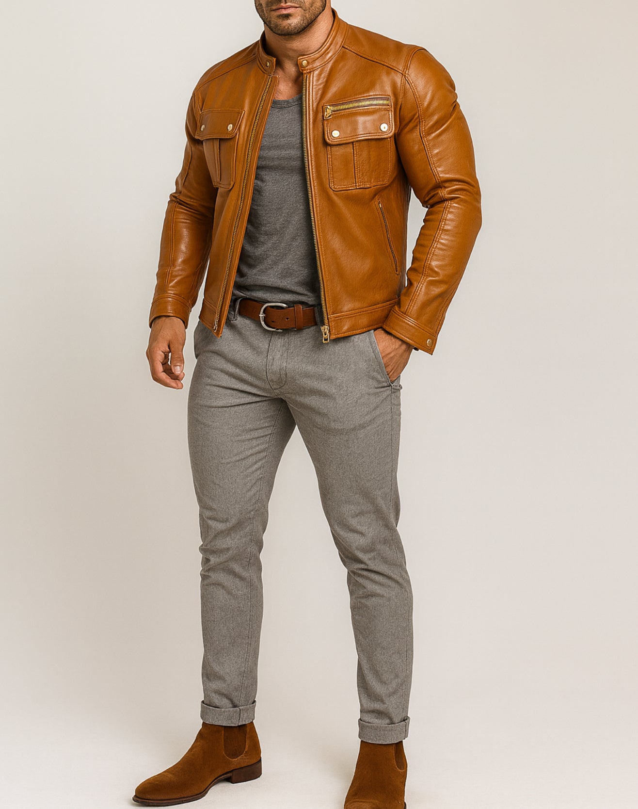 Vanguard Camel Leather Moto Jacket