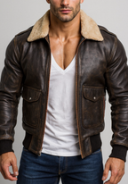 Heritage Aviator Shearling  Distressed Brown Leather Bomber Jacket